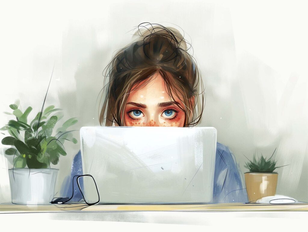 Young woman looking worried over her computer